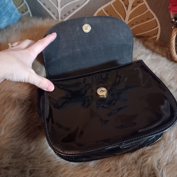 Vintage Bamboo Handle Patented Leather Black Vinyl Evening Handbag 8" - Picture 3 of 12